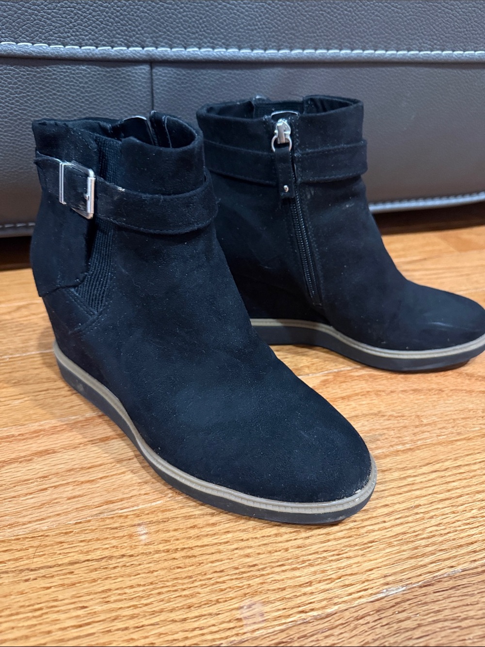 Dr. Scholl's Black Suede Ankle Wedge Booties with Buckle Detail